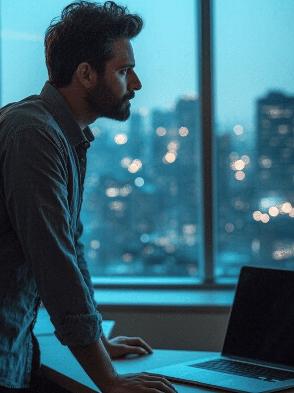 A thoughtful-looking tech professional in his 30s standing in a modern office, reflecting the feeling of being stuck in a tech career.
